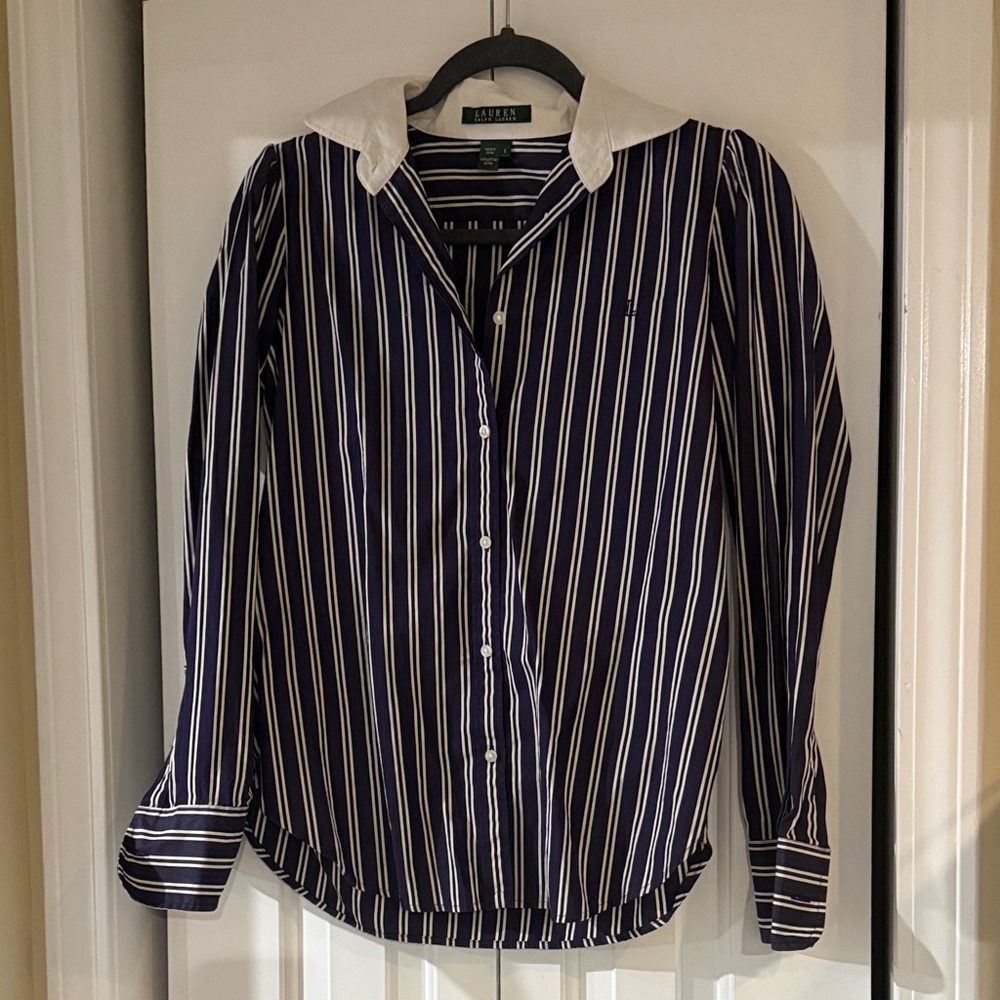 Ralph Lauren Navy and White Striped Button-Down Shirt with White Collar
